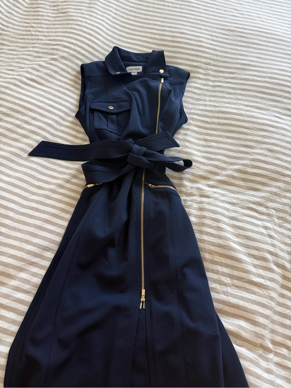 Calvin Klein Navy Sleeveless Belted Zip Romper with Gold Hardware - Picture 2 of 6